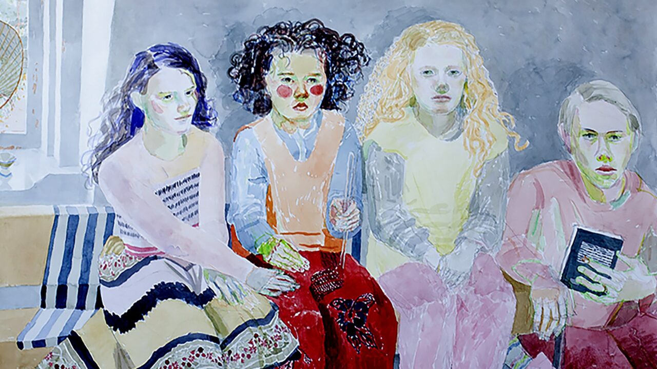Akvarellityö, jossa kolme tyttöä ja yksi poika istuvat vuoteen äärellä. Vuoteella makaa tyttö.
