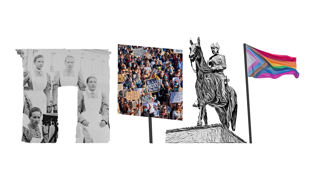 Symboleja vierekkäin. Vanha kuva, jossa naisia ruutumekoissa ja esiliinoissa. BLM-mielenosoitus. Mannerheimin patsas. Pride-lippu.