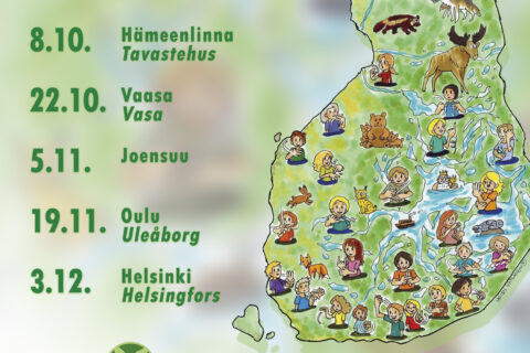 Piirretty Suomen kartta ja foorumien päivämäärät